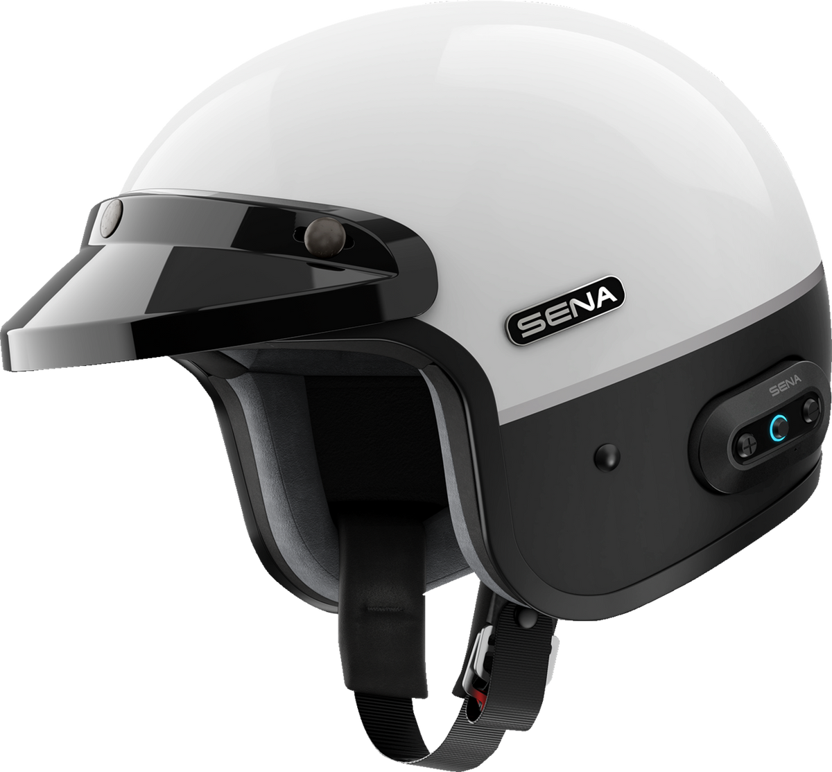 Sena Surge open-face helmet in Gloss White / Matte Black — 3/4 left view
