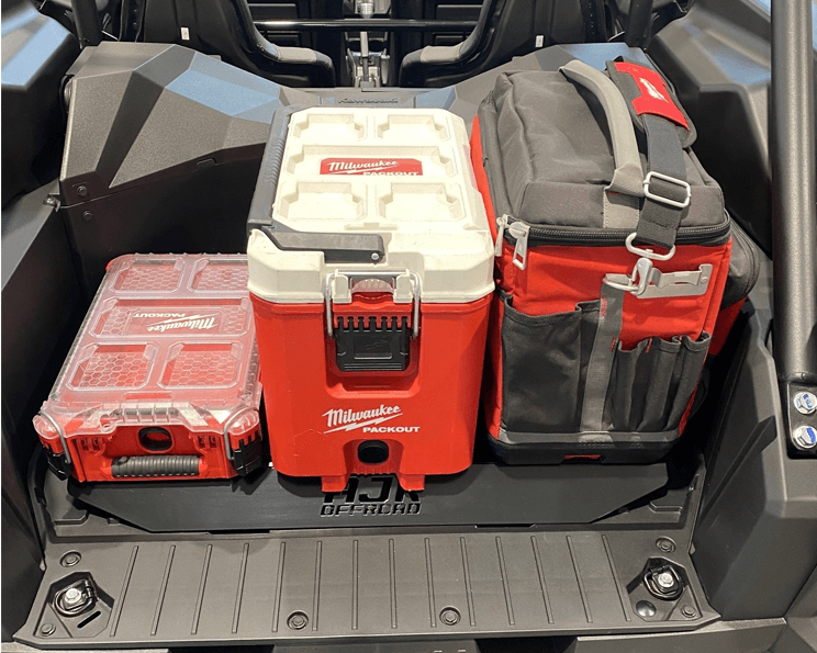 Kawasaki KRX Packout Mount 1.5 — Kawasaki KRX Packout Mount 1.5 by AJK Offroad with 3 packouts, including a cooler