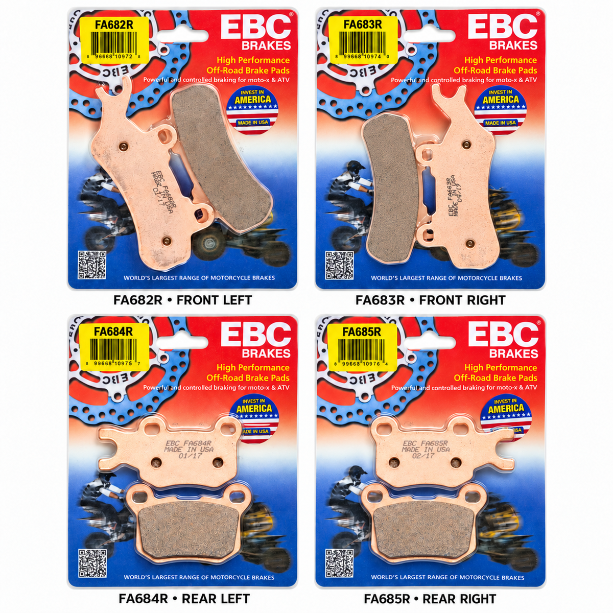 EBC Can-Am Defender four-wheel brake pad kit with one FA682R front-left, FA683R front-right, FA684R rear-left and FA685R rear-right package