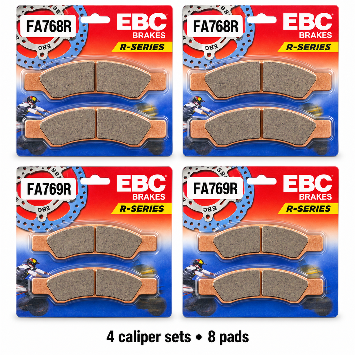 Can-Am Maverick R 4-Wheel Brake Pad Kit | EBC R-Series showing all eight pads; 2 x FA768R, 2 x FA769R