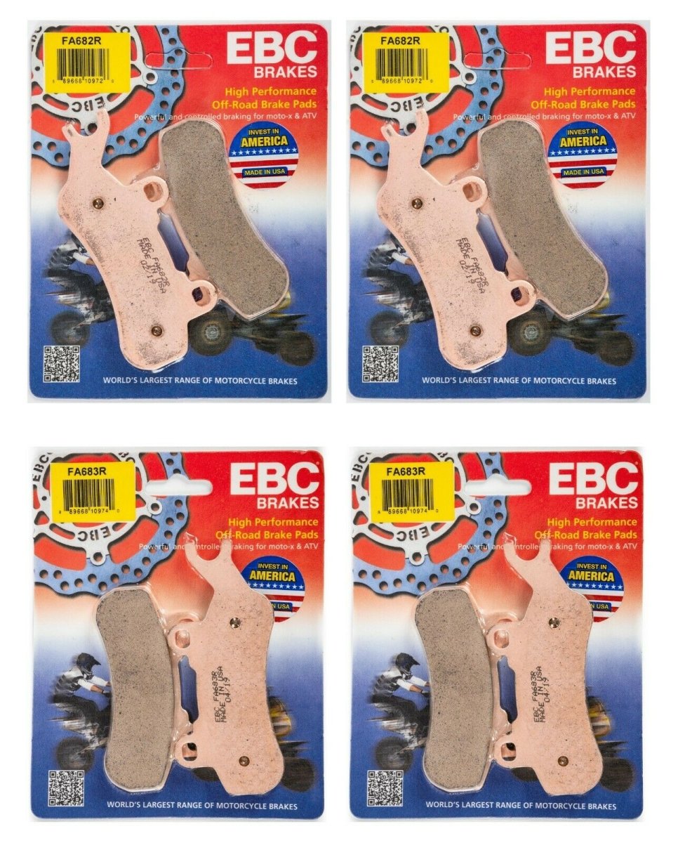 Can-Am Defender MAX / PRO 4-Wheel Brake Pad Kit | EBC R-Series showing all eight pads; 1 x FA682R, 1 x FA683R, 1 x FA682R, 1 x FA683R