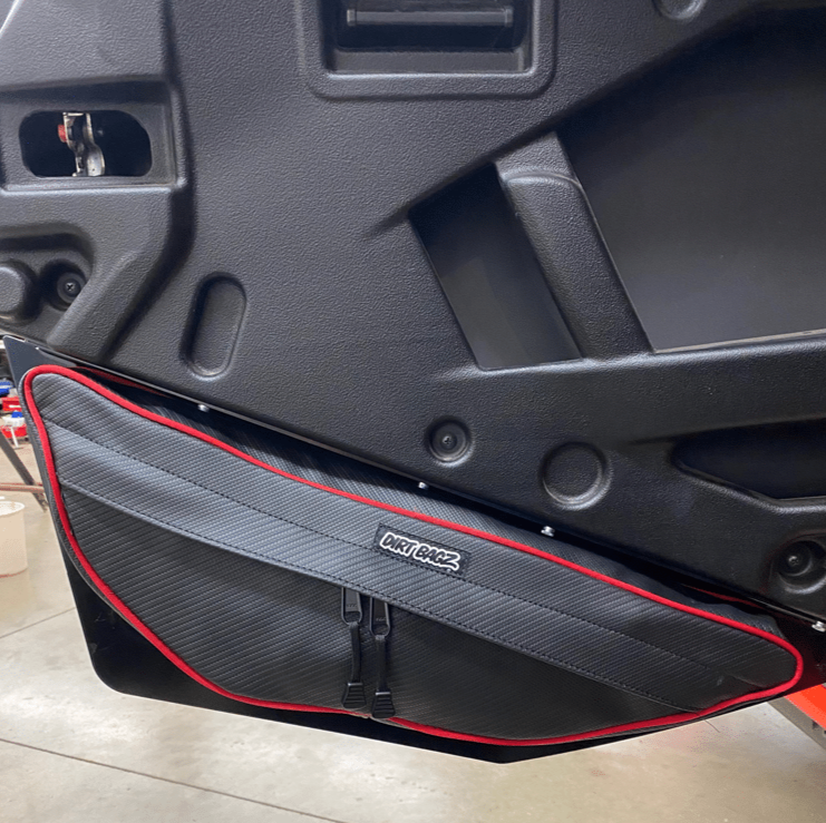 Honda Talon Door Bags — Honda Talon Door Bags by AJK Offroad Red Stripe Bags Installed on Rear Door