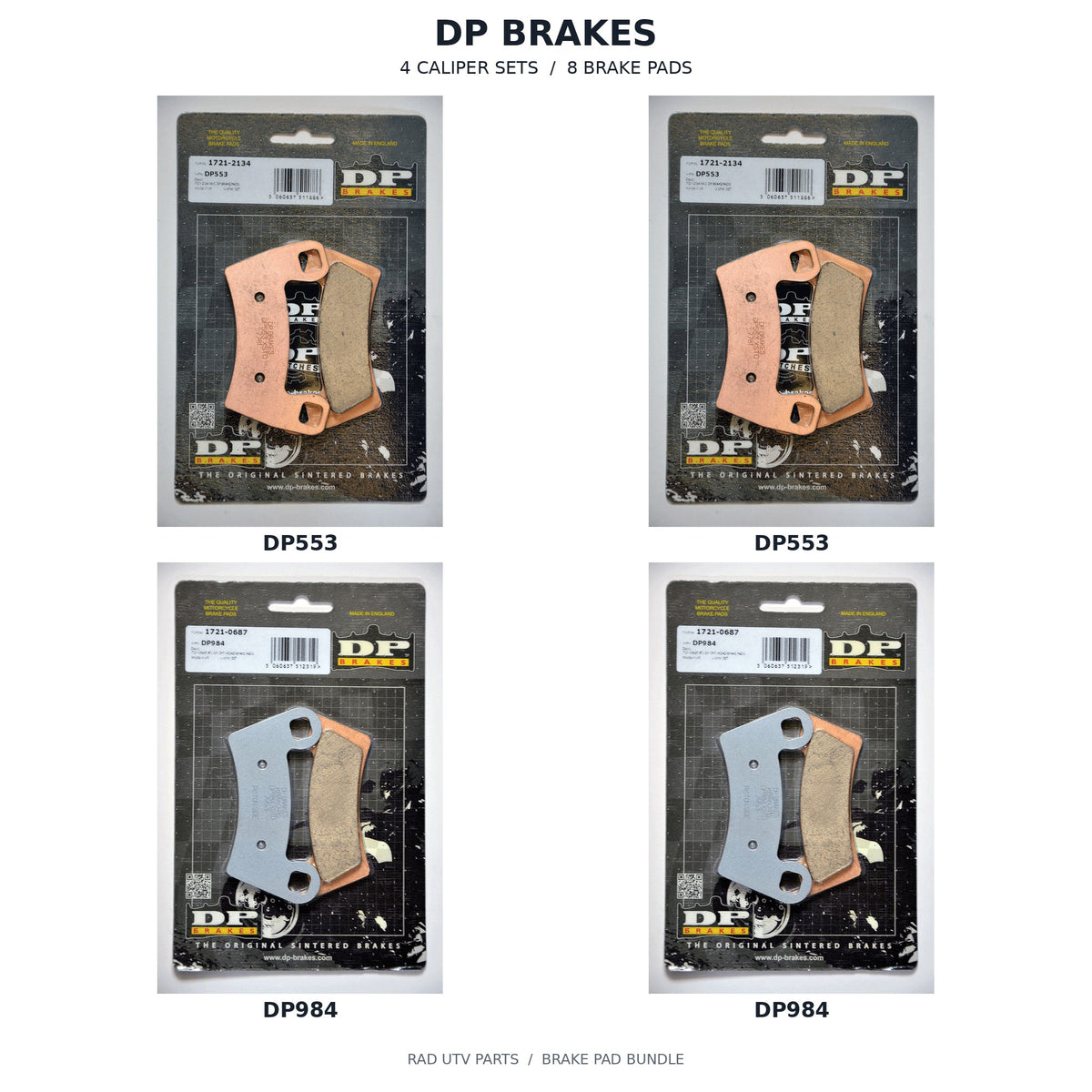 Polaris RZR 900 & Trail S DP Front & Rear Brake Pad Kit — 2 DP553 retail packages, 2 DP984 retail packages; 4 caliper sets, 8 brake pads. Actual package photos with original part-number labels.