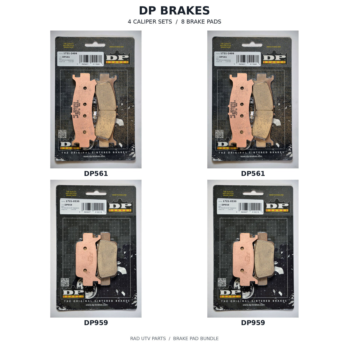 Honda Pioneer 1000 DP Front & Rear Brake Pad Kit — 2 DP561 retail packages, 2 DP959 retail packages; 4 caliper sets, 8 brake pads. Actual package photos with original part-number labels.