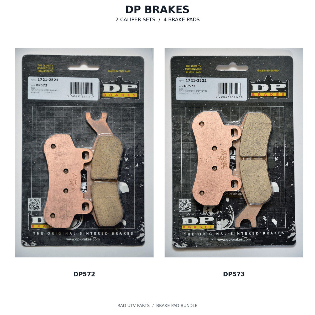 Can-Am Maverick X3 DP Brake Pads — 1 DP572 retail packages, 1 DP573 retail packages; 2 caliper sets, 4 brake pads. Actual package photos with original part-number labels.