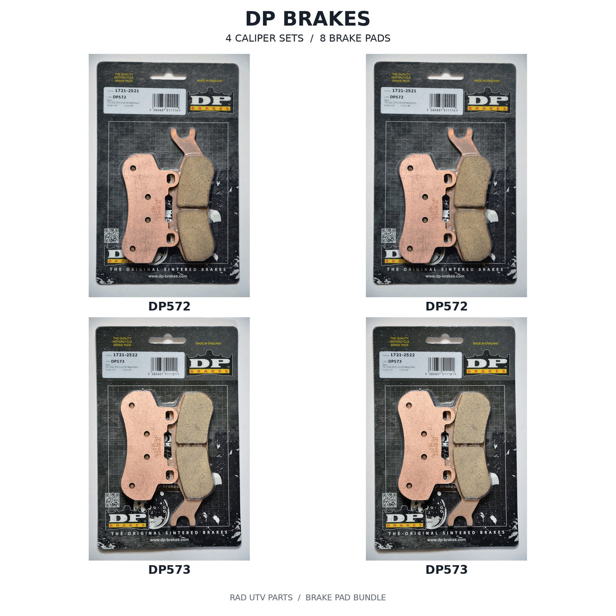 Can-Am Defender MAX & PRO DP Front & Rear Brake Pad Kit — 2 DP572 retail packages, 2 DP573 retail packages; 4 caliper sets, 8 brake pads. Actual package photos with original part-number labels.