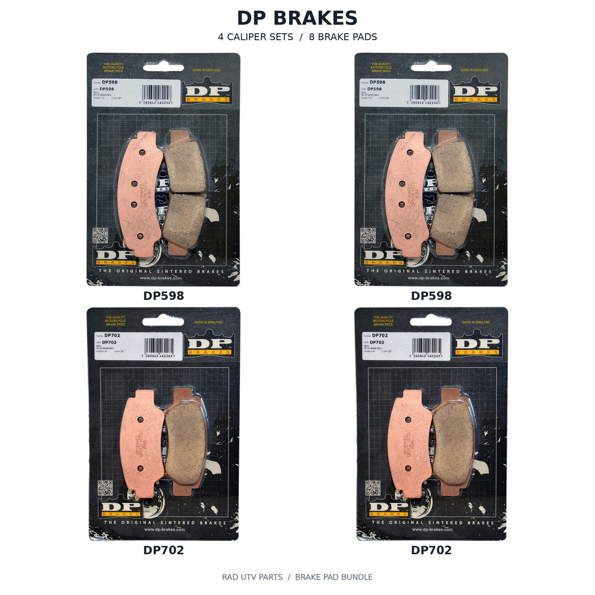 CFMOTO UFORCE 1000 & XL DP Front & Rear Brake Pad Kit — 2 DP598 retail packages, 2 DP702 retail packages; 4 caliper sets, 8 brake pads. Actual package photos with original part-number labels.