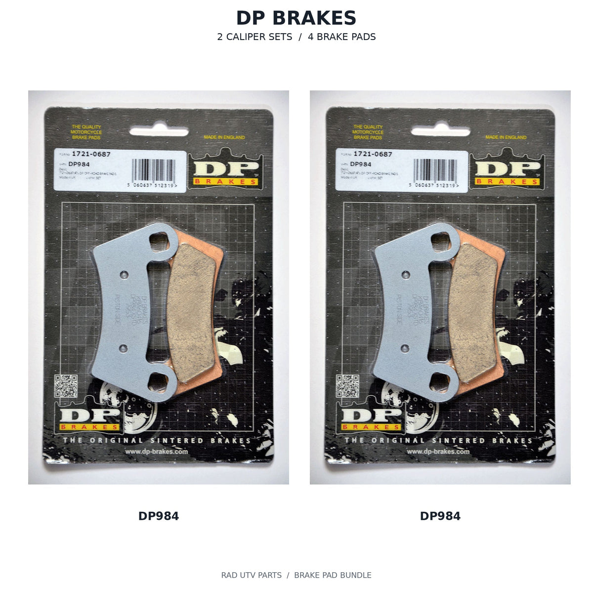 Polaris General 1000 DP Rear Brake Pad Kit — 2 DP984 retail packages; 2 caliper sets, 4 brake pads. Actual package photos with original part-number labels.