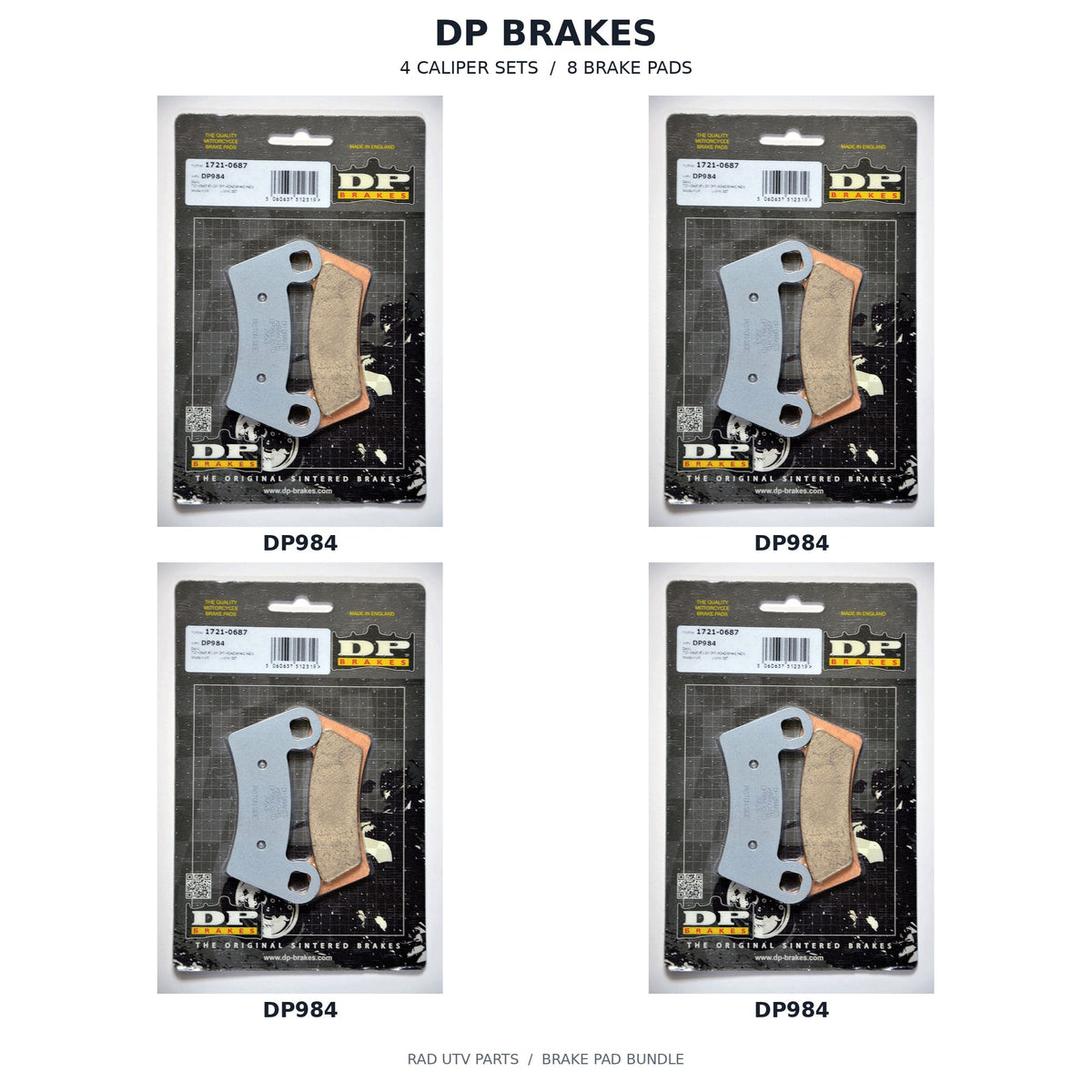 Polaris Ranger SP 570 2-Seat DP Front & Rear Brake Pad Kit — 4 DP984 retail packages; 4 caliper sets, 8 brake pads. Actual package photos with original part-number labels.