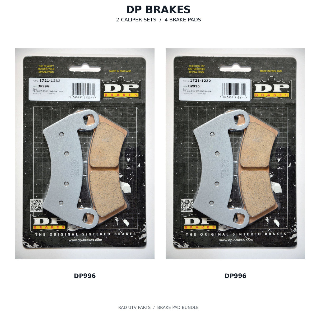 Polaris Ranger DP996 Brake Pad Kit — 2 DP996 retail packages; 2 caliper sets, 4 brake pads. Actual package photos with original part-number labels.