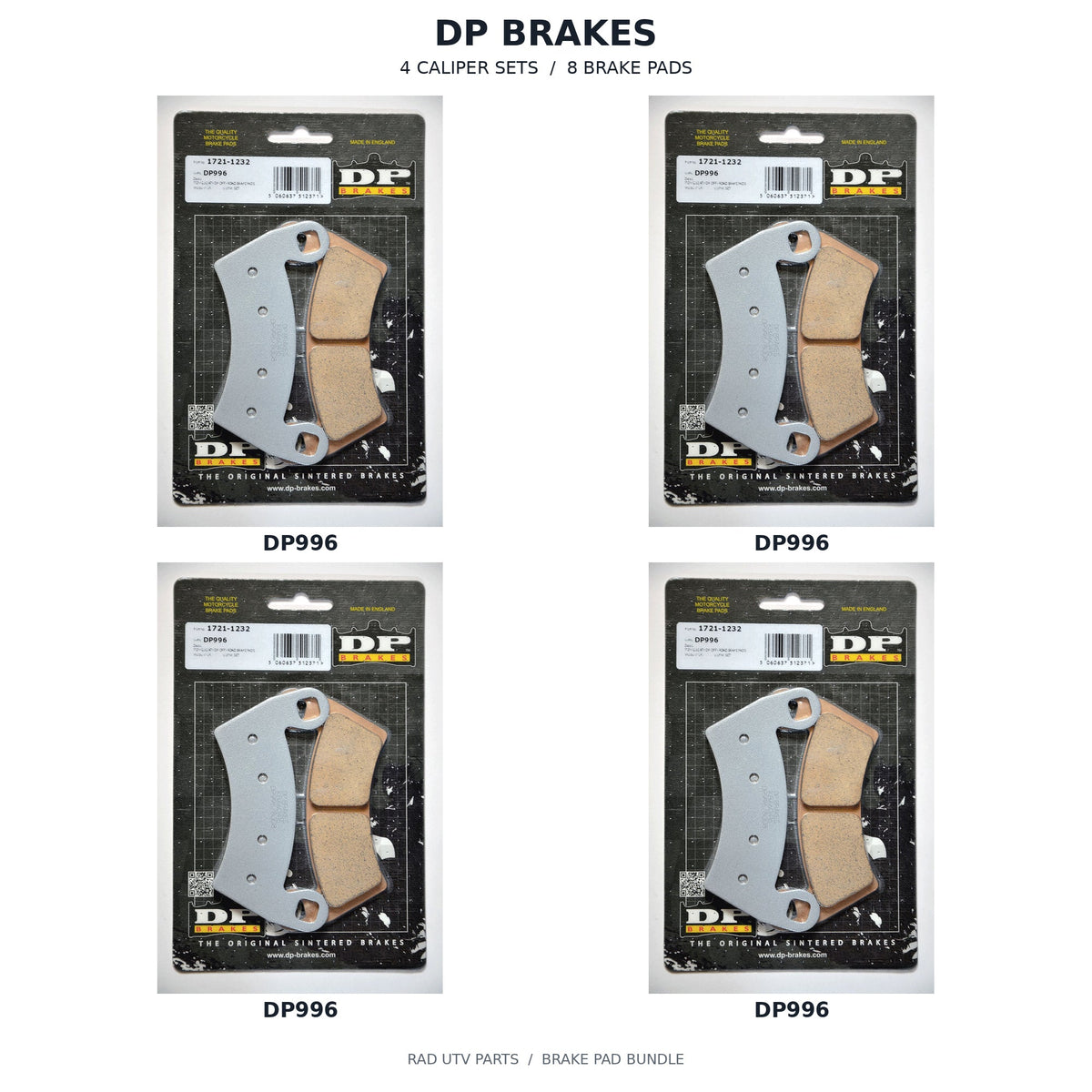 Polaris RZR RS1 & Early XP 4 1000 DP Brake Pad Kit — 4 DP996 retail packages; 4 caliper sets, 8 brake pads. Actual package photos with original part-number labels.
