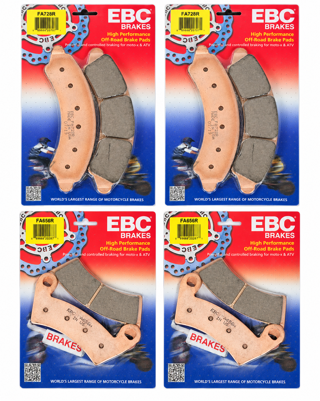 EBC four-wheel RZR brake pad kit with two FA728R front packages and two FA656R rear packages