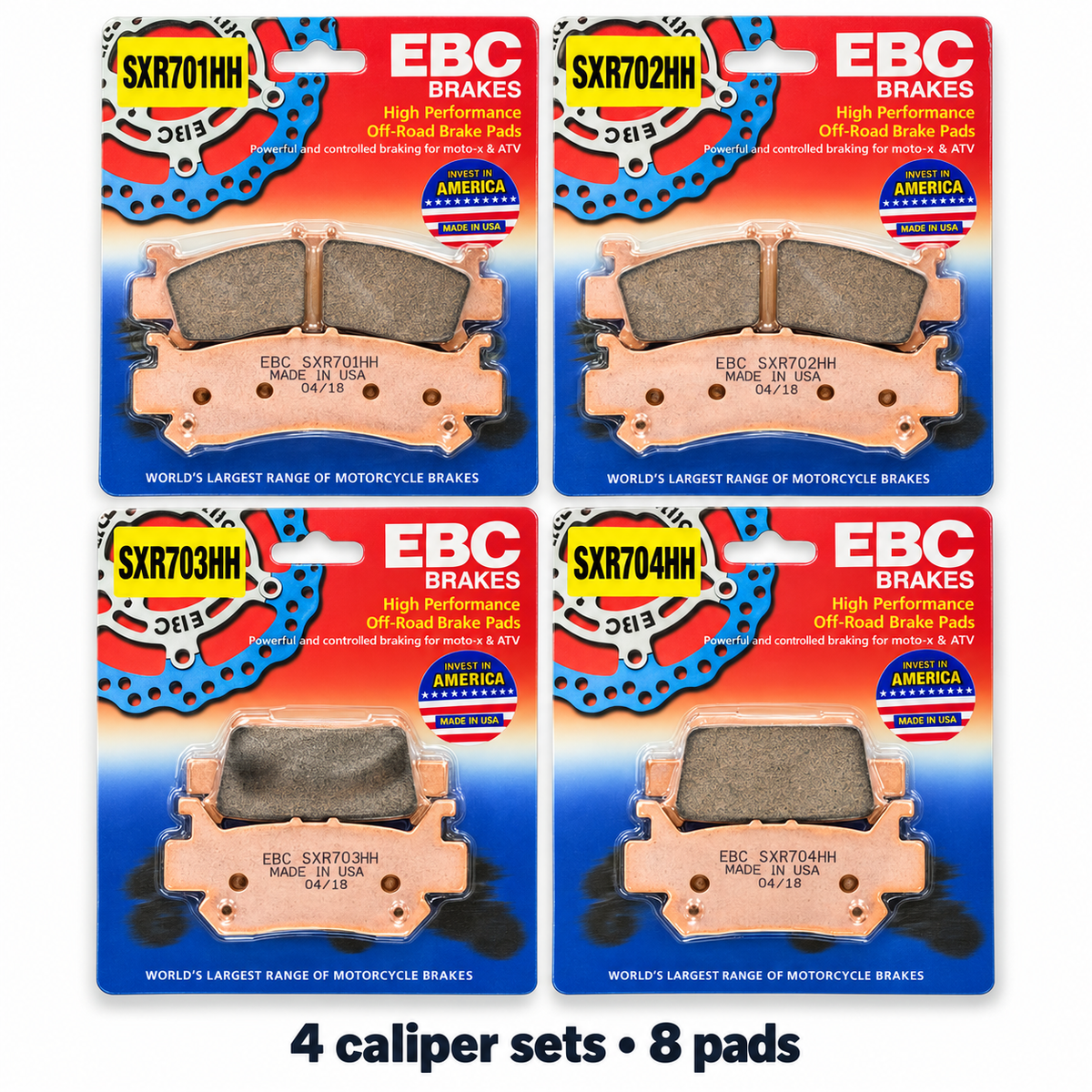 Honda Pioneer 1000 / 1000-5 / 1000-6 Brake Pad Kit | EBC SXR showing all eight pads; 1 x SXR701HH, 1 x SXR702HH, 1 x SXR703HH, 1 x SXR704HH