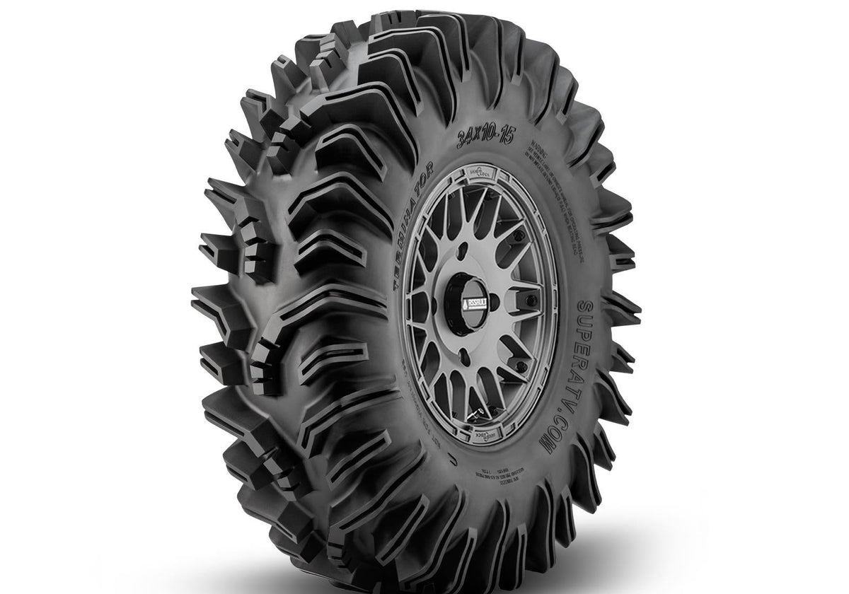 SuperATV Intimidator Tires 34x10x15 on 15in. Matte Titanium Hellfire Wheels 4/156 Pattern