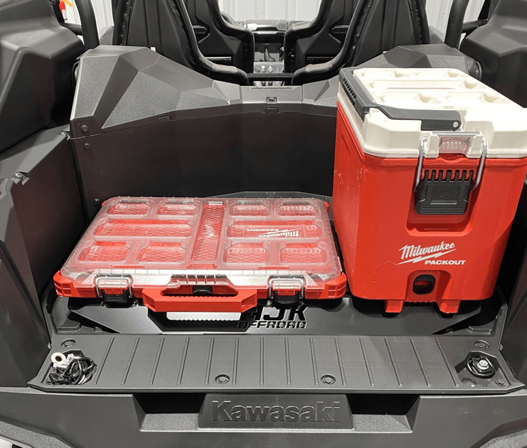 Kawasaki KRX Packout Mount 1.5 — Kawasaki KRX Packout Mount 1.5 by AJK Offroad with one thin box and a cooler