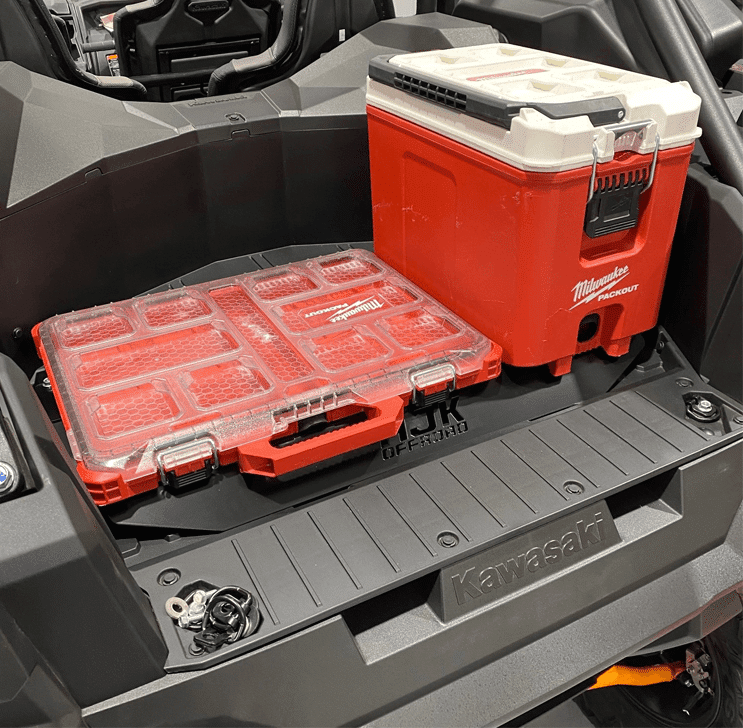 Kawasaki KRX Packout Mount 1.5 — Kawasaki KRX Packout Mount 1.5 by AJK Offroad One Thin Box and 1 Cooler