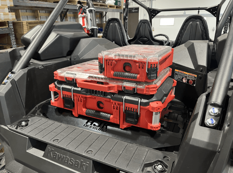 Kawasaki KRX Packout Mount - Subwoofer Compatible — Kawasaki KRX Packout Mount - Subwoofer Compatible by AJK Offroad large kit with slim kit and smaller kit stacked right side view