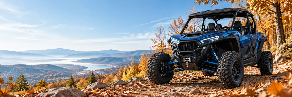 Blue UTV on an autumn trail