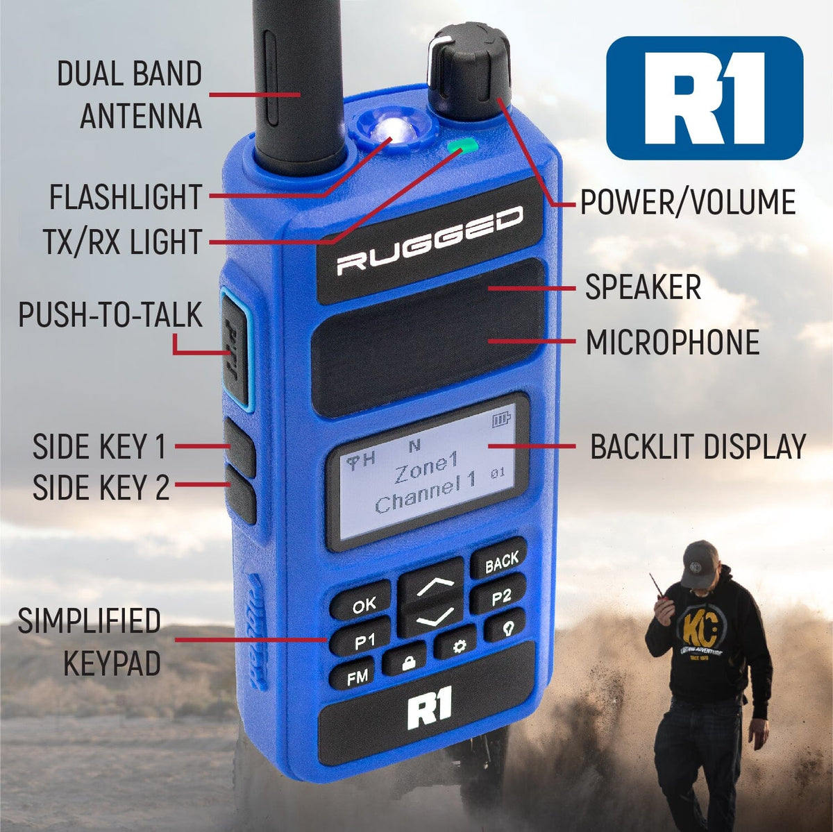 BUNDLE - Rugged R1 - Handheld Radio with Long Range Antenna and High Capacity Battery