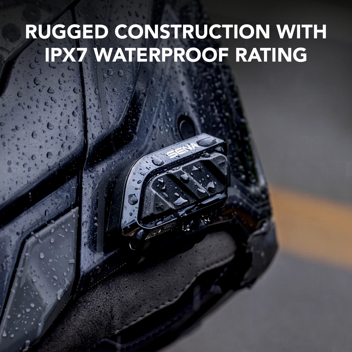 Sena SPIDER X Slim mounted on a wet helmet, illustrating its IPX7 waterproof rating
