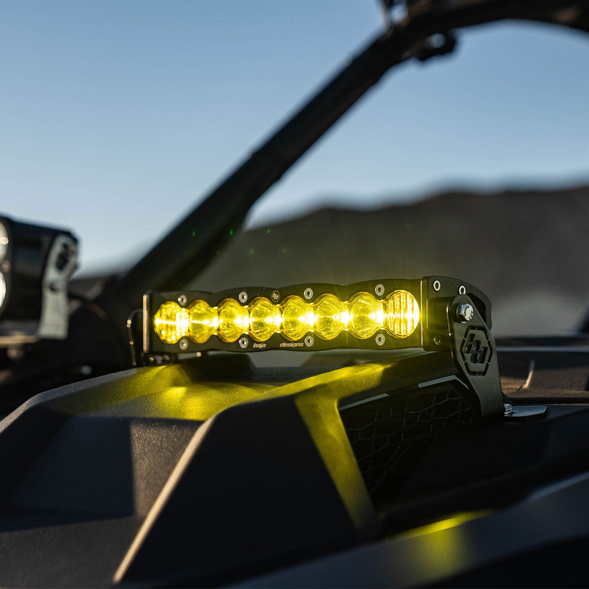 Baja Designs S8 10-inch hood light kit installed on Polaris RZR Pro R
