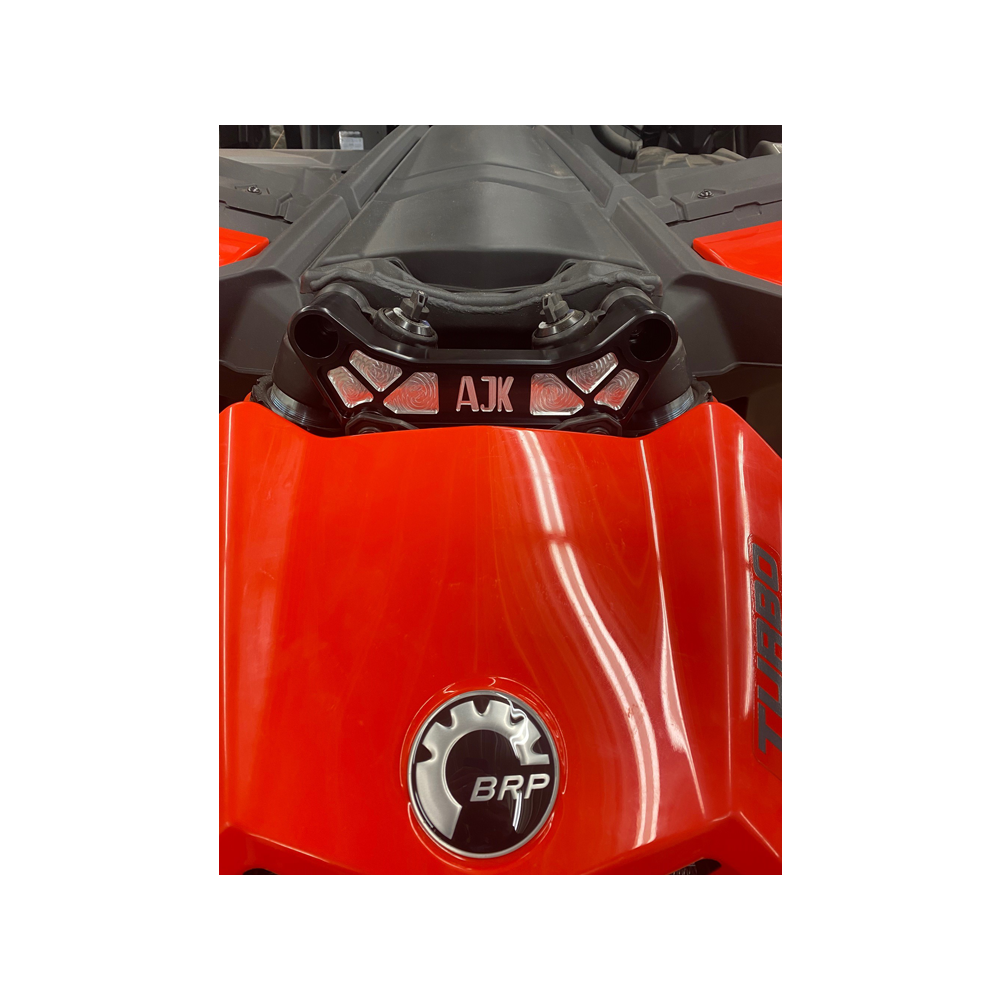 Can-Am Maverick X3 Billet Aluminum Shock Tower Brace — Can-Am Maverick X3 Billet Aluminum Shock Tower Brace by AJK Offroad Installed On Red Can Am Front View