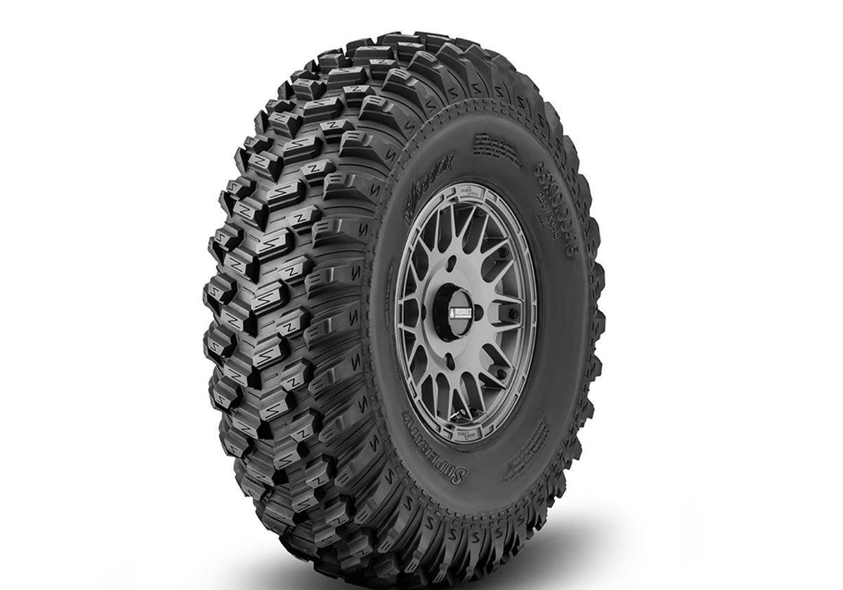 Sticky XT Warrior Tires 35x10x15 on 15x10 Assault Industries Hellfire Matte Titanium Wheels 5/4.5 Pattern
