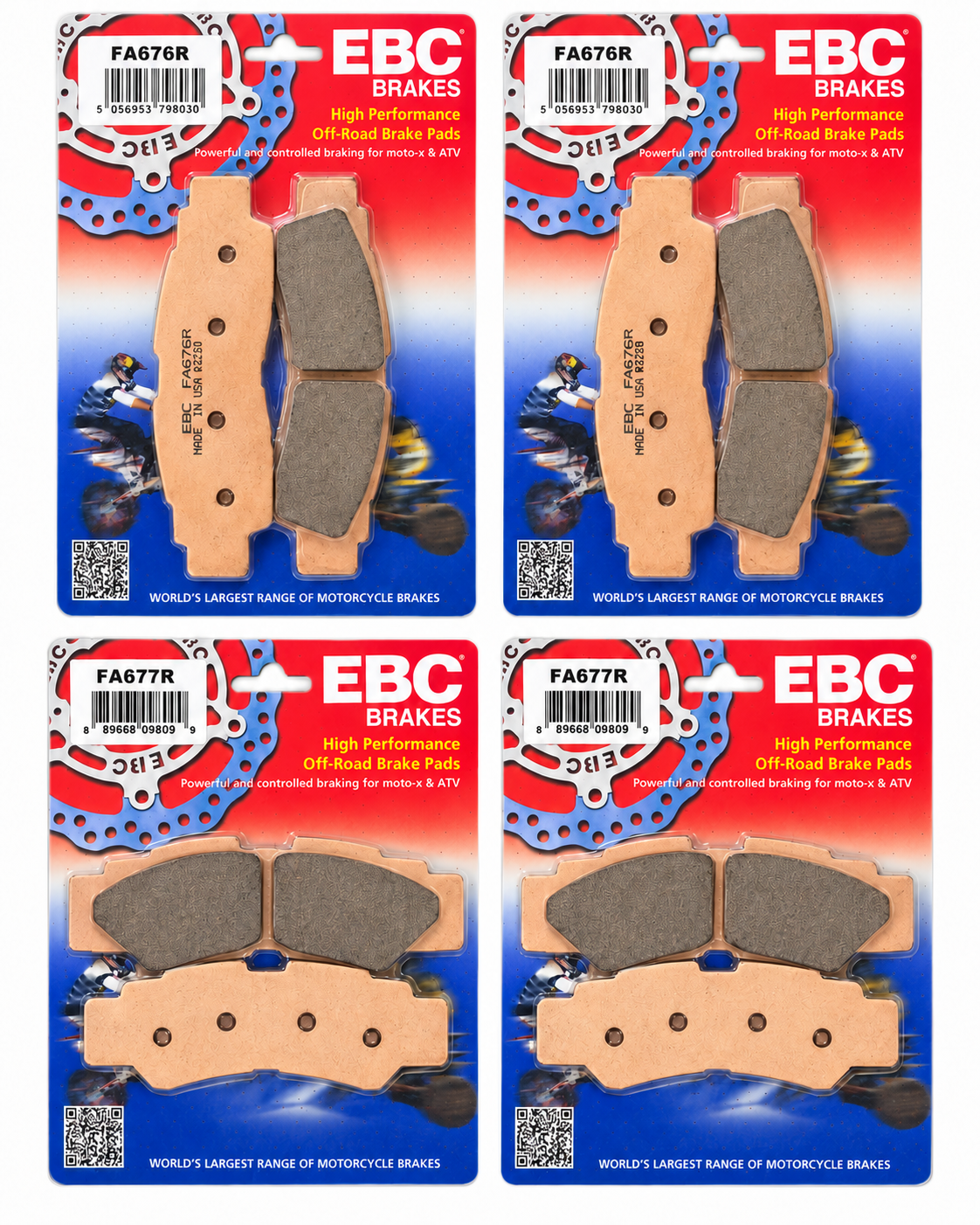 Yamaha four-wheel EBC brake pad kit with two FA676R front packages and two FA677R rear packages