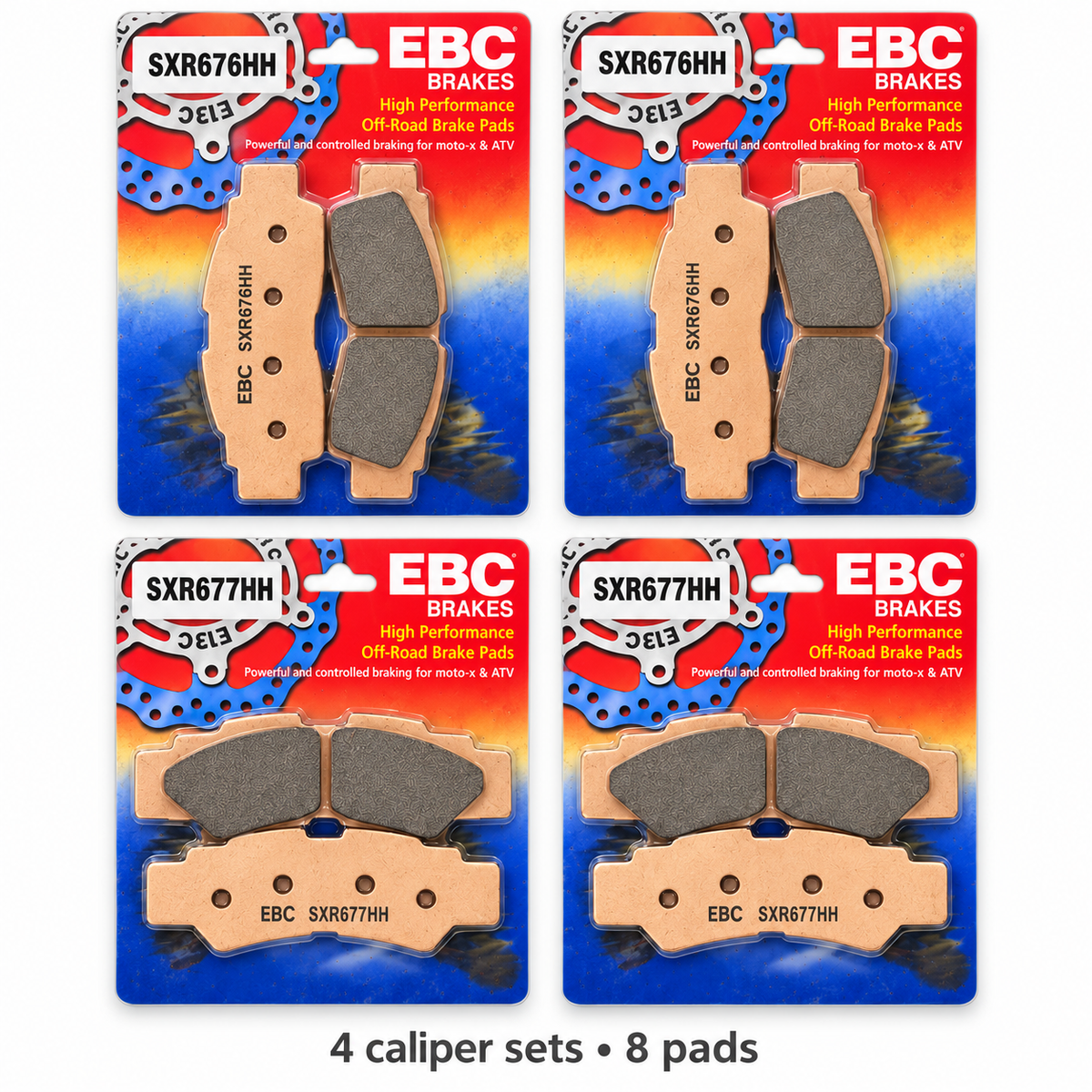 Yamaha Wolverine RMAX / YXZ1000R Brake Pad Kit | EBC SXR showing all eight pads; 2 x SXR676HH, 2 x SXR677HH
